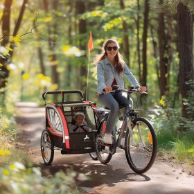 2-in-1 Red Child Bike Trailer & Baby Stroller, Enhanced Safety Features, Brake, Flag, Reflectors, Storage