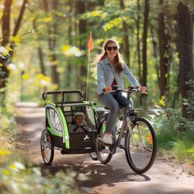 2-Way Wonder: Green Child Bike Cart Transforms to Stroller, with Brakes, Flag & Cargo Space