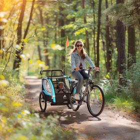 3-in-1 Bike Trailer for Kids, Running Stroller with 2 Seats, Jogging Cart with 5-Point Harness, Storage Units, Blue